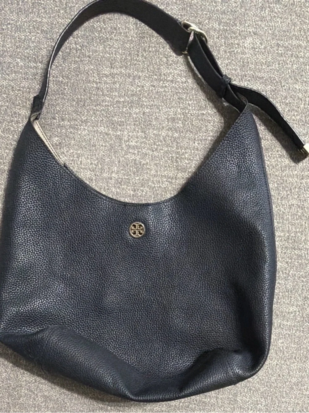 Tory Burch Black Pebbled Leather Shoulder Hobo with Gold Logo